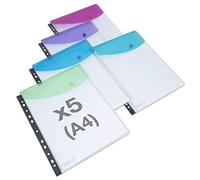 Rapesco 1630 ECO Fundas Perforadoras Multitaladrado de Gran Capacidad, Material Reciclado, A4, Transparentes con Solapas de Colores Surtidos, Paquete de 5