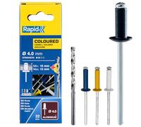Rapid Caja de 32 Remaches de Aluminio Coloreados Automotriz Ø4 x 16 mm Adecuados para Trabajos en Carrocería,Matrículas,Motos,Autocaravanas,Camiones y Otros Vehículos,con Broca para Taladro (5000403)