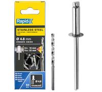 Rapid Caja de 50 Remaches de Acero Inoxidable Ø4.8 x 25 mm Adecuados para Fijar Guardabarros, Cubiertas Metálicas y Plásticas, Señalización y Chapas, Incluye Broca para Taladro (5000398)