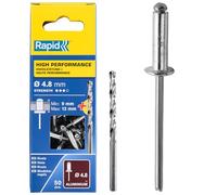 Rapid Caja de 50 Remaches de Aluminio Ø4.8 x 16 mm Adecuados para Fijar Guardabarros, Cubiertas Metálicas y Plásticas, Señalización y Chapas, Incluye Broca para Taladro (5000390)