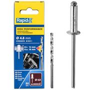 Rapid Caja de 50 Remaches de Aluminio Ø4.8 x 20 mm Adecuados para Fijar Guardabarros, Cubiertas Metálicas y Plásticas, Señalización y Chapas, Incluye Broca para Taladro (5000391)