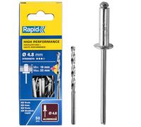 Rapid Caja de 50 Remaches de Aluminio Ø4.8 x 25 mm Adecuados para Fijar Guardabarros, Cubiertas Metálicas y Plásticas, Señalización y Chapas, Incluye Broca para Taladro (5000392)