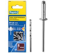 Rapid Caja de 50 Remaches de Aluminio Ø4 x 18 mm Adecuados para Fijar Guardabarros, Cubiertas Metálicas y Plásticas, Señalización y Chapas, Incluye Broca para Taladro (5000386)