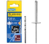 Rapid Caja de 50 Remaches de Aluminio XL Cabeza Ancha Ø4 x 12 mm Gran Superficie de Sujeción, para Fijar Lonas, Tejidos, Gomas y Redes, con Broca para Taladro (5000661)