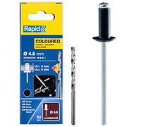Rapid Remaches de Aluminio de Gran Resistencia, Negro, Ø4,8 x 12 mm - Remaches de 4 mm para Canalones, Tuberías y Chapa Metálica - Incluye Taladro - 50 Unidades, Embalaje de Cartón (5001471)