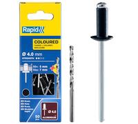 Rapid Remaches de Aluminio de Gran Resistencia, Negro, Ø4 x 10 mm - Remaches de 4 mm para Canalones, Tuberías y Chapa Metálica - Incluye Taladro - 50 Unidades, Embalaje de Cartón (5001466)
