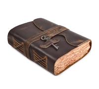 Rasavi Diario encuadernado de piel auténtica para hombres y mujeres, cierre de llave vintage, libro de sombras, 200 páginas hechas a mano, papel de acuarela vintage con borde de cubierta, marrón
