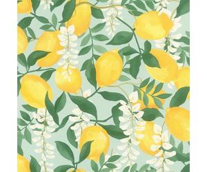 Rasch Papel pintado autoadhesivo de limón Portofino, papel pintado texturizado mediterráneo en amarillo, verde y blanco, fácil de colocar sin pegamento con tecnología adhesiva Tesa, 6,00 m x 0,53 m