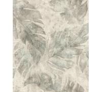 Rasch Papel pintado no tejido con diseño de hojas, papel pintado de vinilo floral en gris para un ambiente natural de vivienda, resistente y lavable, 10,05 m x 0,53 m