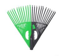 Rastrillo de césped grande en forma de abanico para el aseo de hojas y césped, construcción de plástico resistente con mango ergonómico, para una limpieza eficiente del patio, color verde y gris