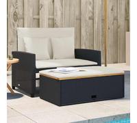 Ratán PE resistente al aire libre sofá cama convertible negro 115x75x91 cm | Sofá de jardín con cojines 2 plazas ratán y madera acacia negro convertible en cama con reposapiés almacenaje exterior
