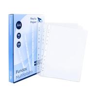 Raylu Paper® - Fundas multitaladro de polipropileno 100% reciclable, fundas para documentos de gran apertura, lomo reforzado. 100 unidades. (Transparente - Cristal, A4 - 90 micras)