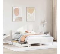 RCODSSK Cama de madera maciza blanca con somier de láminas de 150 x 200 cm, cama estable de madera de pino para un sueño reparador con cabecero rústico y cajón inferior de la cama, cama rústica de