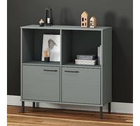RCODSSK Librería Oslo de madera maciza con patas metálicas y 4 compartimentos, estantería rústica de madera de pino con patas metálicas en color gris