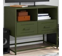 RCODSSK Mueble de TV con estructura de acero verde oliva de 68 cm de ancho y 60,5 cm de alto con 2 compartimentos y 2 cajones para dispositivos multimedia de estilo industrial