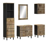 RCODSSK Muebles de baño de madera de mango: armario bajo lavabo con espejo y armario de baño con espejo de pared como 5 piezas, juego de muebles de baño de madera maciza de mango