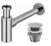 REA Sifón Tubular Universal de Acero Inoxidable para Fregadero y Fregadero, Altura Regulable, Sifón de Desagüe + Tapón Click-Clack, Válvula Pop-Up, Plata/Cromo