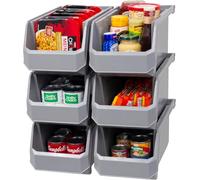 ReadySpace - Set de 6 contenedores de plástico para organización y almacenamiento, apilables, grandes, 37,6 x 20,3 x 17,8 cm, para armario, cocina, oficina, garaje o despensa, gris