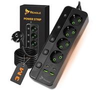 REAGLE Regleta de Enchufes con 4 Tomas 230V, 4 Puertos USB 2×USB-A + 2×USB-C, Interruptor Iluminado Proteccion Sobretension Estación de Carga Inteligente 2500W, Enchufe Múltiple de Carga con Cable 3M