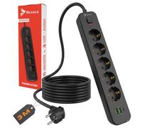 Reagle Regleta Enchufes 5 Tomas 230V 3 USB 2X USB A 1x USB C Cable 3m con Interruptor 2500W Protección Sobrecarga Blanca para Casa Oficina
