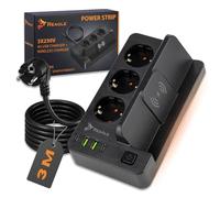 REAGLE Regleta Enchufes con 3 Toma 230V, 4 Puertos USB, con Cargador Inalámbrico Inductivo Proteccion Sobretension Estación de Carga Inteligente 2500W, Alargadora con Cable 3m