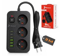 Reagle Regleta Multipresa 3 Enchufes 230V con 6 USB, 3X USB-A 3X USB-C, Alargador 3M con Interruptor Iluminado, 2500W, Negra, para Casa Oficina