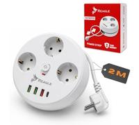 Reagle Regleta Redonda 3 Enchufes 230V con 4 USB, Alargador 2M Enrollable, 3X USB-A 1x USB-C, Regleta con Interruptor, 2500W, Base Múltiple Blanca para Casa Oficina