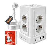 Reagle Torre Multipresa 8 Tomas 2500W 3 m, Regleta Vertical con 6 USB - 3X USB A, 3xUSB C, Carga Inalámbrica, Interruptor, Protección Sobretensión, Blanco