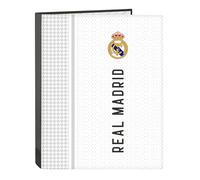 REAL MADRID 1ª EQUIPACIÓN 24/25 - Carpeta con Folios 4 Anillas, Ideal para Niños de Diferentes Edades, Cómoda y Versátil, Calidad y Resistencia, 26.5x33 cm, Color Blanco/gris
