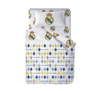 Real Madrid C.F. Juego de Sábanas Real Madrid CF - Verano | Licencia Oficial | Diseño Escudo Centrado | Fondo Blanco, Con Rombos | 50% Algodón/50% Poliéster