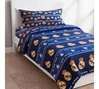 Real Madrid CF - Juego de Sábanas Coralina Real Madrid 90 - 105 Cm, 3 Piezas (1 Sábana Encimera, 1 Funda de Almohada y 1 Sábana Bajera), Diseño con Escudos del Real Madrid Azul tacto suave