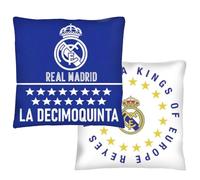 Real Madrid Cojín 40x40cm, Cojín Infantil Real Madrid CF para Niños y Niñas, Regalo Cumpleaños, Navidad, Reyes, Cojín Decorativo Imagen en dos caras Real Madrid Reyes de Europa