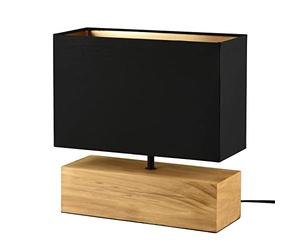 Reality Leuchten R50181080 Woody - Lámpara de mesa (metal negro mate, pie de madera, pantalla de tela negro/dorado, no incluye 1 bombilla E27)