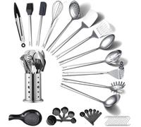 ReaNea Juego de utensilios de cocina de acero inoxidable 40 piezas con soporte para utensilios, utensilios de cocina elementos esenciales, juego de espátula de metal