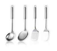 ReaNea Juego de utensilios de cocina de acero inoxidable de 4 piezas que incluye juego de espátula de metal, espumadera de cocina, cucharón de sopa esenciales para el nuevo hogar debe tener