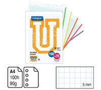 RECAMBIO CAMPUS ORIGINAL TAMAÑO A4 120HOJAS. 4 TALADROS CUADRÍCULA 5 MM. 90 G. BANDAS EN 5 COLORES VIVOS. Pack de 1/3/5 paquetes a elegir.