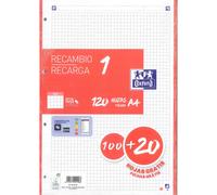 Recambio OXFORD 1 Color, Din-A4 120H 4T 90 gr. Cuadros 5 mm. Rojo