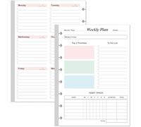 Recambios para planificador semanal sin fecha, 52 hojas/104 páginas, planificador semanal colorido para carpeta A5, 8 discos perforados, papel blanco de 100 g/m², 5.8 x 8.3 pulgadas