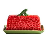 Recipiente de cerámica para mantequilla, caja de mantequilla roja | Textura de fruta elevada, forma de fresa brillante para estilo de mostrador de estación de café