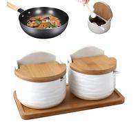Recipiente de sal de cerámica - 2 x encimera, tapa de cuchara de madera | Tarro de almacenamiento de especias para cocina, soporte para sal, organizador de especias para el hogar, cocina, mostrador