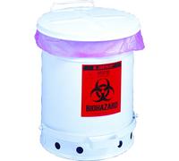 Recipiente de seguridad de chapa de acero para la eliminación de residuos biopeligrosos Justrite, adhesivo BIOHAZARD, capacidad 34 l, con pedal