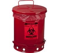 Recipiente de seguridad de chapa de acero para la eliminación de residuos biopeligrosos Justrite, adhesivo BIOHAZARD, capacidad 34 l, con pedal