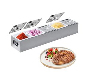 Recipiente grande de acero inoxidable para accesorios de pizza, 5 compartimentos, con tapa, recipiente profesional para ingredientes, 1/6 GN, para gastro, cocina, accesorios de bufé, barra de