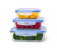 Recipientes de Cristal para Alimentos Set de 3 con Tapa Hermética y Válvula de Aire | Fiambreras Rectangulares Aptas Horno, Microondas, Congelador y Lavavajillas (Set 3u 370ml 640ml 1040ml Con Caja)