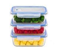 Recipientes de Cristal para Alimentos Set de 3 con Tapa Hermética y Válvula de Aire | Fiambreras Rectangulares Aptas Horno, Microondas, Congelador y Lavavajillas (Set 3u 1040ml Sin Caja)