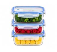Recipientes de Cristal para Alimentos Set de 3 con Tapa Hermética y Válvula de Aire | Fiambreras Rectangulares Aptas Horno, Microondas, Congelador y Lavavajillas (Set 3u 640ml Sin Caja)