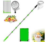 Recoge Frutas Telescópico 2,8 m con Varillas Extensión y Bolsa de Tela, Recogedor de Frutas Acero Inoxidable Ligero, Herramientas Recolectoras Manzanas Ajustable para Naranjas, Cítricos, Cereza, Mango