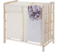 Recogedor de ropa HWC-B60, caja para ropa sucia, cesto para ropa, madera maciza, 2 compartimentos, 60x60x33 cm, 68 litros, color marrón claro, funda color crema