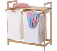 Recolector de ropa HWC-B83, separador de ropa, cesto para ropa, contenedor para ropa, bambú, 2 compartimentos, 74x64x33 cm, 70 litros, color blanco