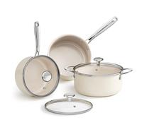 Redchef Juego de ollas de cerámica, 6 piezas para inducción, con tapa de cristal, cacerola de 24 cm, cacerola de 18 cm, 20 cm, apta para todo tipo de fuegos y hornos, apta para inducción (beige)